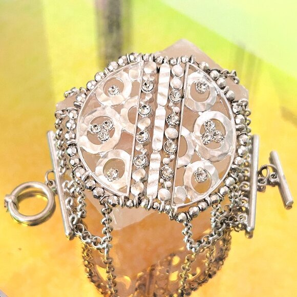 Victorian Silver Multi Chain Crystal Rhinestone Bangle - Picture 2 of 9